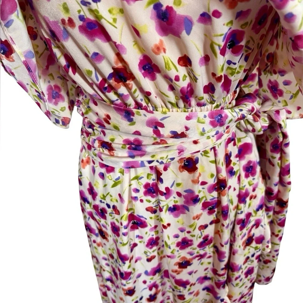 MISA Los Angeles Sabella Strapless Ruffle Tie Waist Midi Dress in Fuchsia Floral